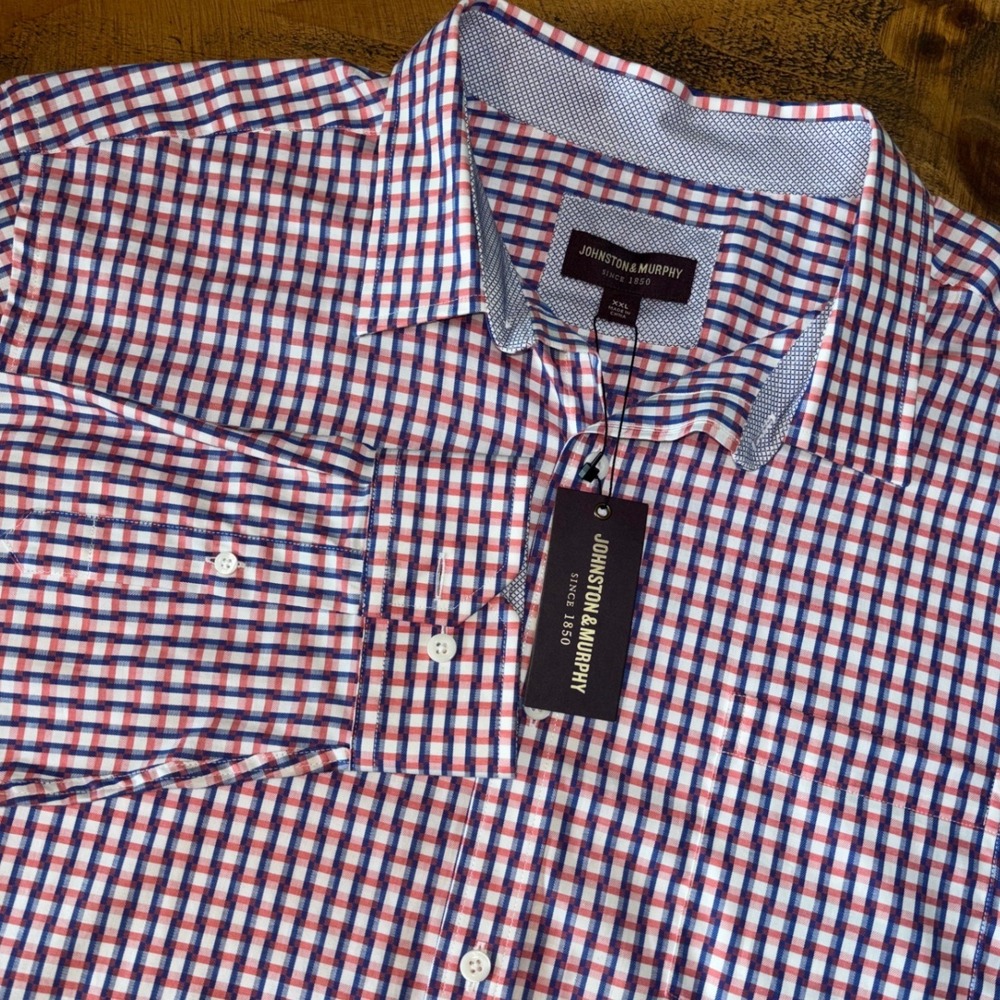NWT Johnston & Murphy Mens Navy Coral Geometric Abstract Button Down Shirt XXL